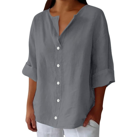 Bovemsi Women's Long Sleeve Tops Linen Shirts Summer Cotton V Neck 3/4 Loose Vacation Beach Solid Blouses Tunic Long Sleeve Blouse