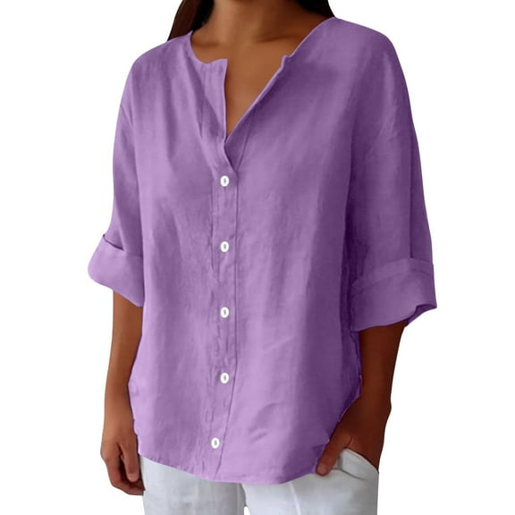 Bovemsi Women's Long Sleeve Tops Linen Shirts Summer Cotton V Neck 3/4 Loose Vacation Beach Solid Blouses Tunic Long Sleeve Blouse