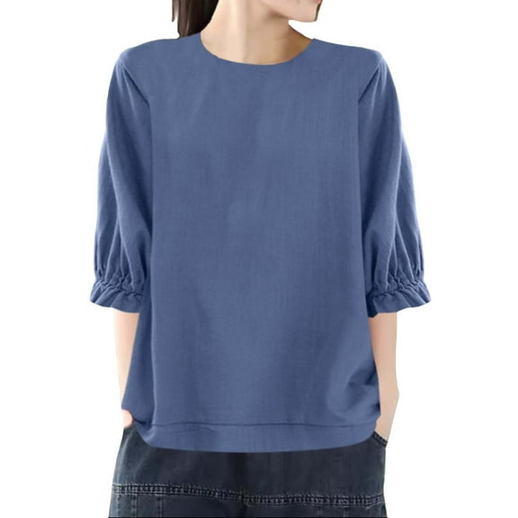 Bovemsi Women's Long Sleeve Tops Loose Round Neck Large Size Five Point Top Long Sleeve Blouse