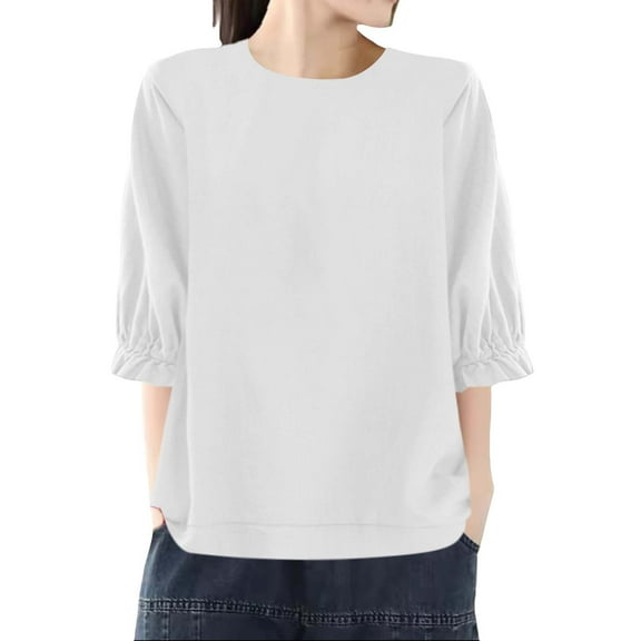 Bovemsi Women's Long Sleeve Tops Loose Round Neck Large Size Five Point Top Long Sleeve Blouse