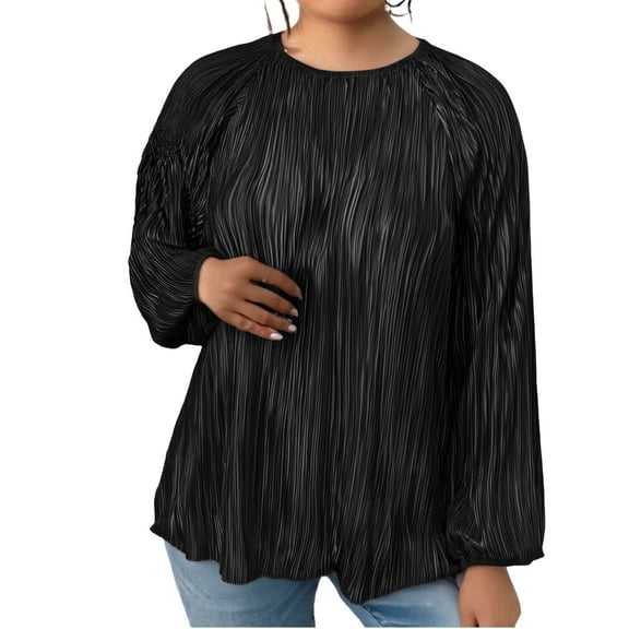Bovemsi Women's Long Sleeve Tops Plus Size T Shirt 2025 Fall Crew Neck Pleated Pullover Loose Fit Long Sleeve Blouse