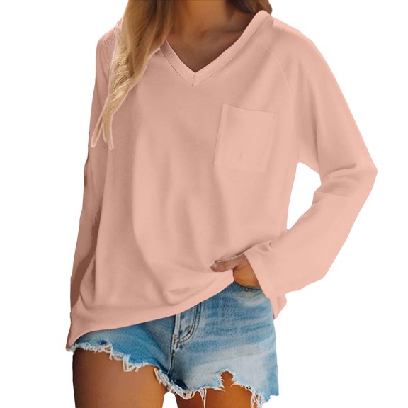 Bovemsi Women's Long Sleeve Tops Shirts V Neck Casual With Pockets Loose Basic Fall Outfits Clothes Trendy 2025 Long Sleeve Blouse