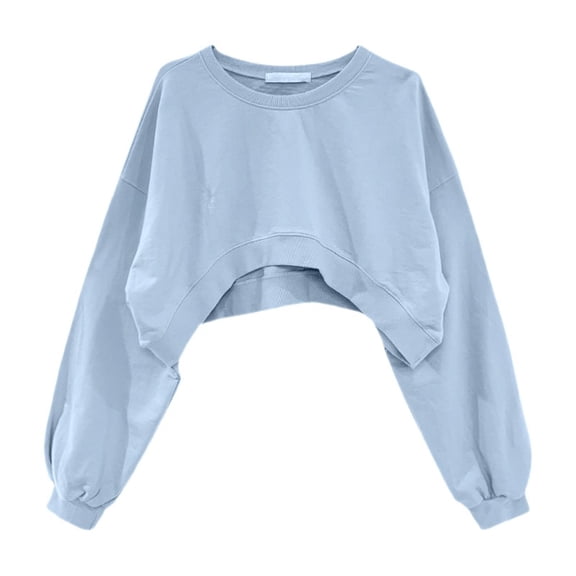 Bovemsi Women's Long Sleeve Tops Solid Color Round Neck Short Sweatshirt Long Sleeve Blouse