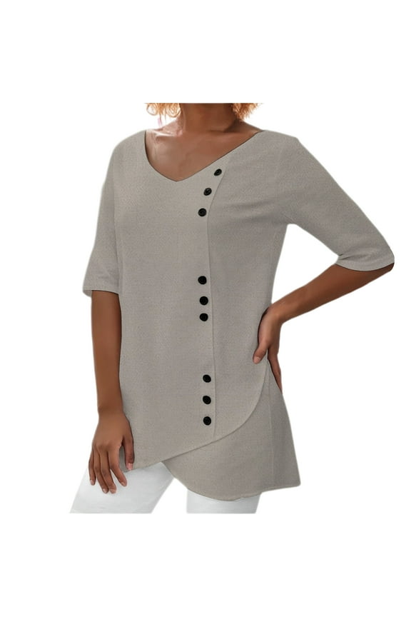 Women's Long Sleeve Tops Spring Summer V Neck Tie Button Imitation Linen Breathable Loose Front Split Five Quarter Top Long Sleeve Blouse