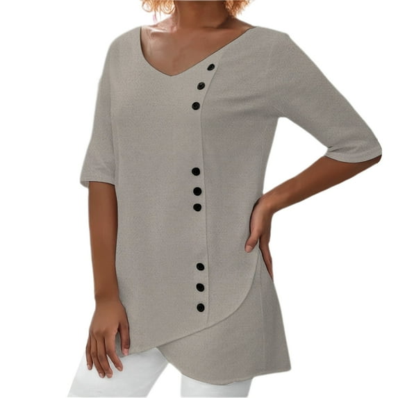 Bovemsi Women's Long Sleeve Tops Spring Summer V Neck Tie Button Imitation Linen Breathable Loose Front Split Five Quarter Top Long Sleeve Blouse