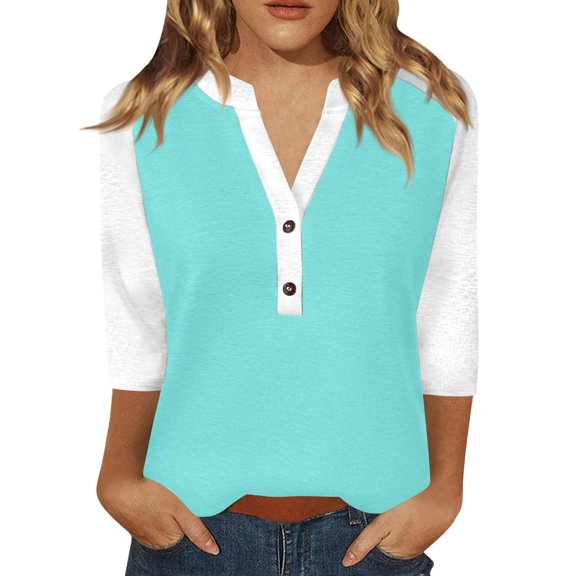 Bovemsi Women's Long Sleeve Tops Summer Printed Top 3/4 Sleeves Buttons Blouse Short T Shirt V Neck Long Sleeve Blouse