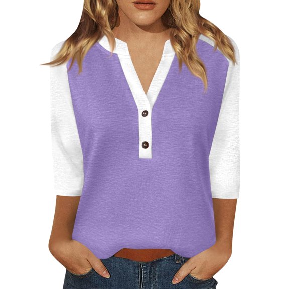 Bovemsi Women's Long Sleeve Tops Summer Printed Top 3/4 Sleeves Buttons Blouse Short T Shirt V Neck Long Sleeve Blouse