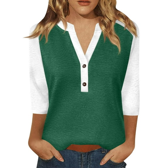 Bovemsi Women's Long Sleeve Tops Summer Printed Top 3/4 Sleeves Buttons Blouse Short T Shirt V Neck Long Sleeve Blouse