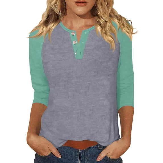 Bovemsi Women's Long Sleeve Tops Summer Printed Top 3/4 Sleeves Buttons Blouse Short T Shirt V Neck Long Sleeve Blouse