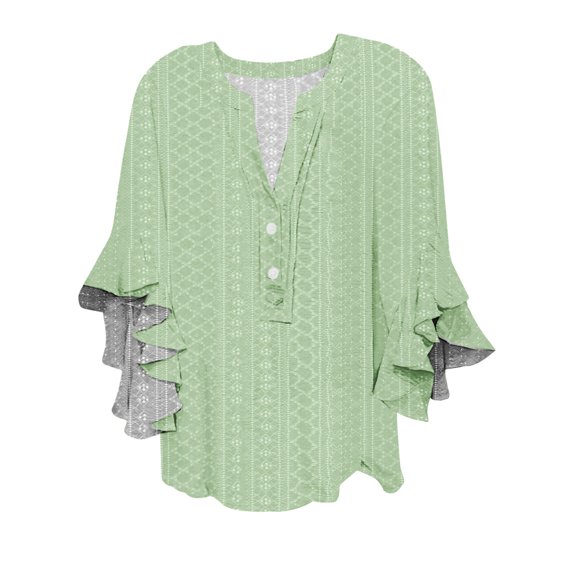 Bovemsi Women's Long Sleeve Tops V Neck Tie Button Hollow Fabric Ruffled Sleeves Loose Casual Breathable Short Long Sleeve Blouse