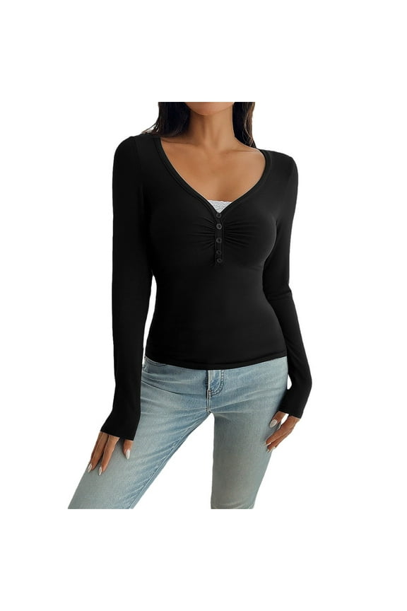 Women's Long Sleeve Tops Y2K T Shirt Lace Trimmed Open Collar Slim Fit Base Top For An Style Long Sleeve Blouse