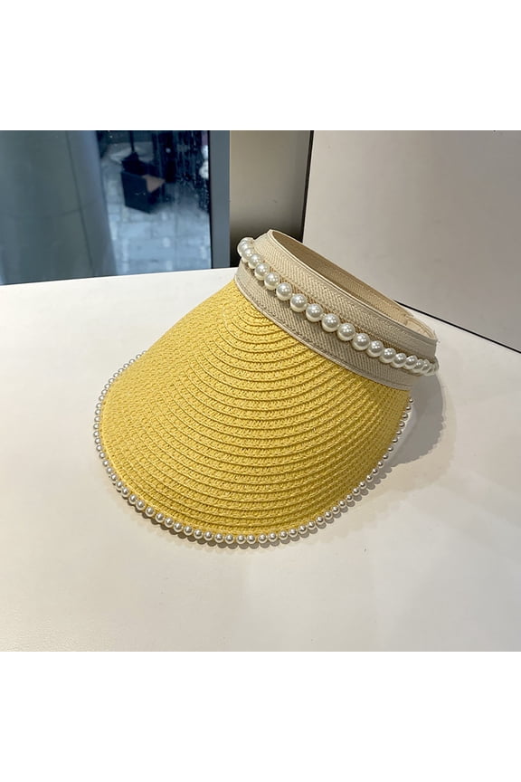 Women's Pearl Rivet Sun Visor Hat – Decorative Outdoor Sunshade with Uv Protection, Yellow, M