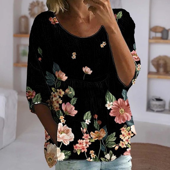 Bovemsi Women's Plus Size Floral Print 3/4 Sleeve Loose T-Shirt - Round Neck Casual Top with Bubble Wrinkles Fabric, Black, S