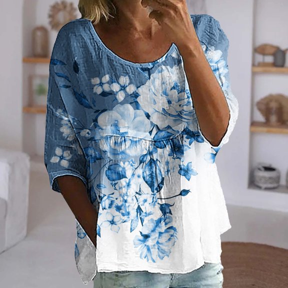 Bovemsi Women's Plus Size Floral Print 3/4 Sleeve Loose T-Shirt - Round Neck Casual Top with Bubble Wrinkles Fabric, Blue, 3XL
