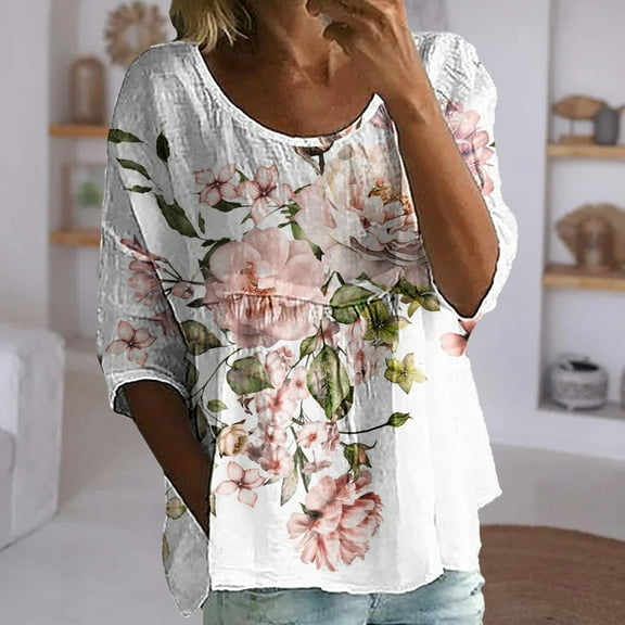 Bovemsi Women's Plus Size Floral Print 3/4 Sleeve Loose T-Shirt - Round Neck Casual Top with Bubble Wrinkles Fabric, White, XXL
