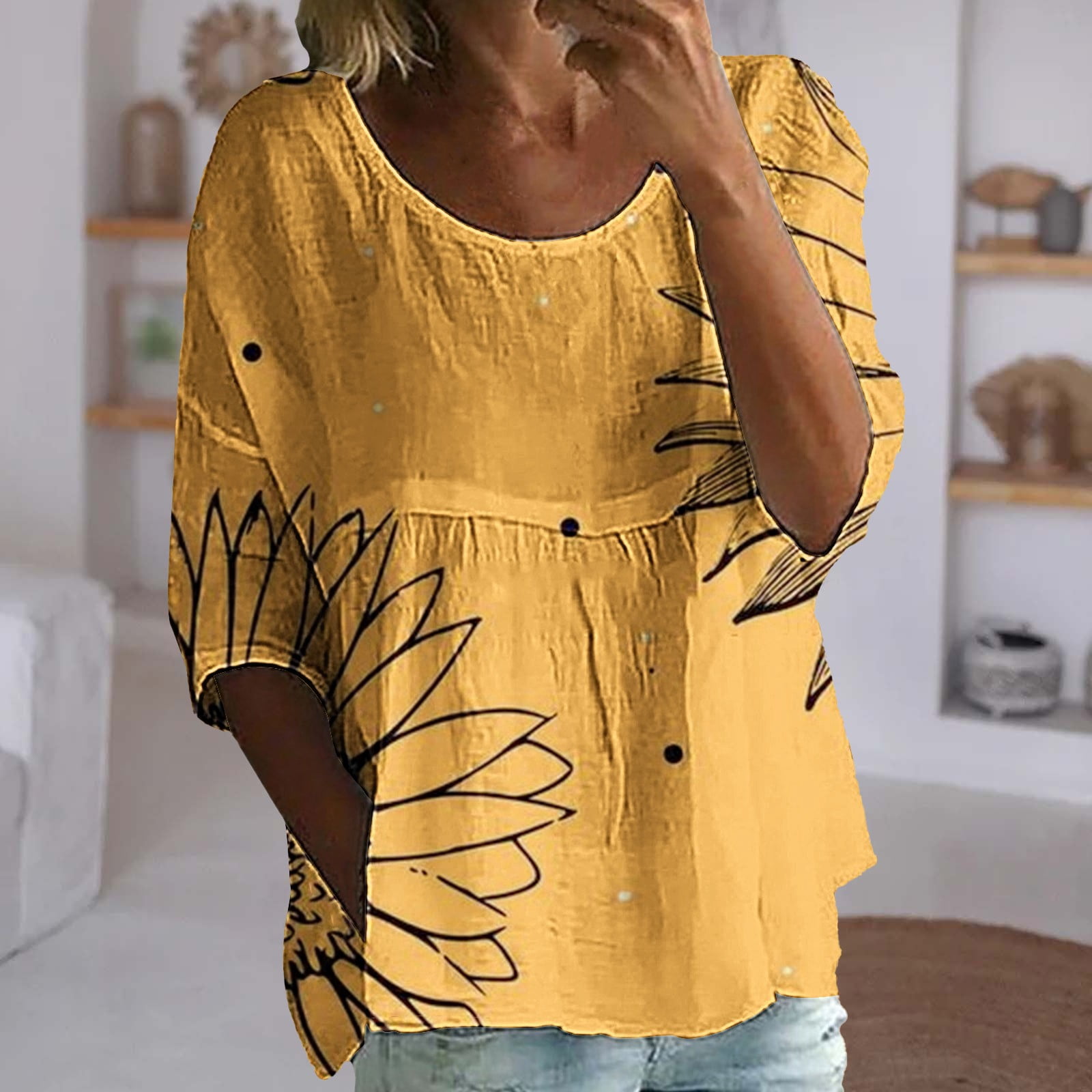Bovemsi Women's Plus Size Floral Print 3/4 Sleeve Loose T-Shirt - Round ...