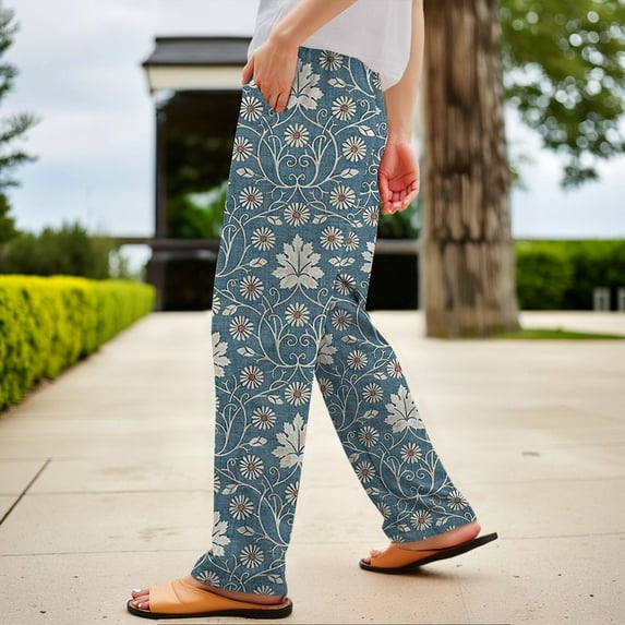 Bovemsi Women's Printed Straight Leg Cropped Pants - Elastic Waist Vintage Side Button Trousers with Pockets, Blue, 4XL