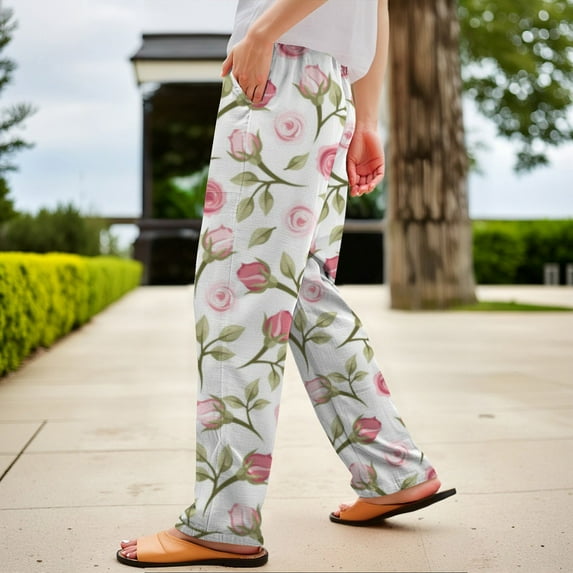 Bovemsi Women's Printed Straight Leg Cropped Pants - Elastic Waist Vintage Side Button Trousers with Pockets, Pink, M