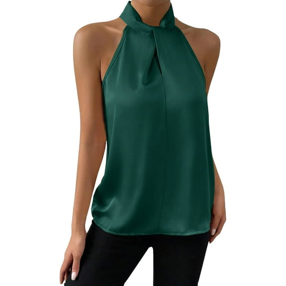 Bovemsi Women's Satin Neckholder Tank - Solid Green Sleeveless, Lightweight Comfortable Summer Top, Party/Travel Outfit Camisole