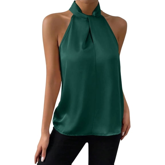 Bovemsi Women's Satin Neckholder Tank - Solid Green Sleeveless, Lightweight Comfortable Summer Top, Party/Travel Outfit Camisole