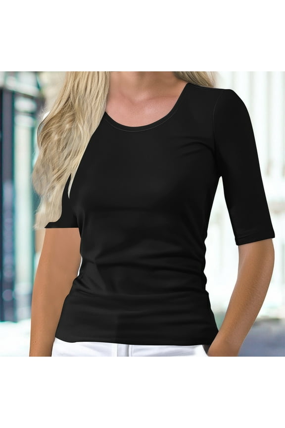 Women's Short Sleeve Boat Neck T-Shirt – Ruched Side Slim Fit Basic Casual Tee, Black, 3XL
