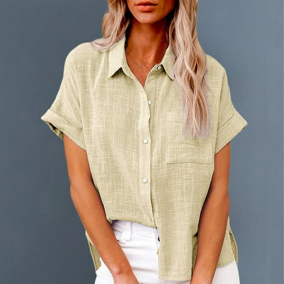 Bovemsi Women's Short Sleeve Cotton Linen Blouse – V-Neck Collared Plain Top with Side Pockets, Beige, 3XL