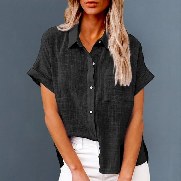Bovemsi Women's Short Sleeve Cotton Linen Blouse – V-Neck Collared Plain Top with Side Pockets, Black, L