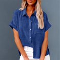 thumbnail image 1 of Bovemsi Women's Short Sleeve Cotton Linen Blouse – V-Neck Collared Plain Top with Side Pockets, Blue, 4XL, 1 of 6
