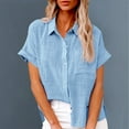 thumbnail image 1 of Bovemsi Women's Short Sleeve Cotton Linen Blouse – V-Neck Collared Plain Top with Side Pockets, Blue, M, 1 of 6