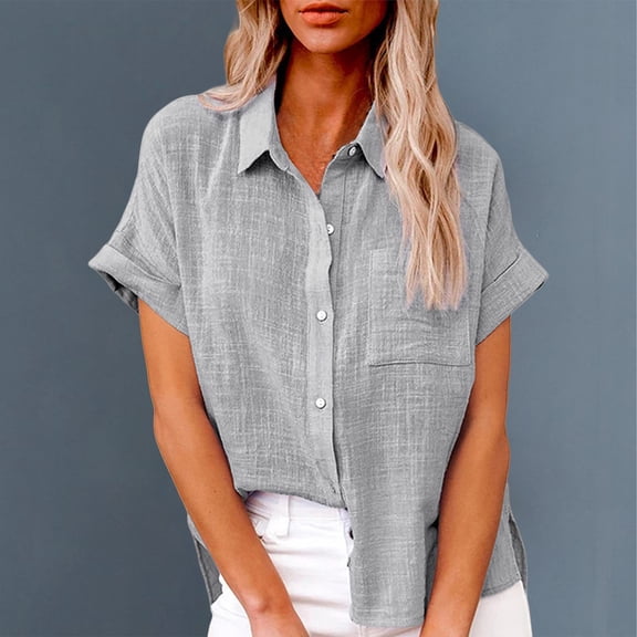 Bovemsi Women's Short Sleeve Cotton Linen Blouse – V-Neck Collared Plain Top with Side Pockets, Gray, XL