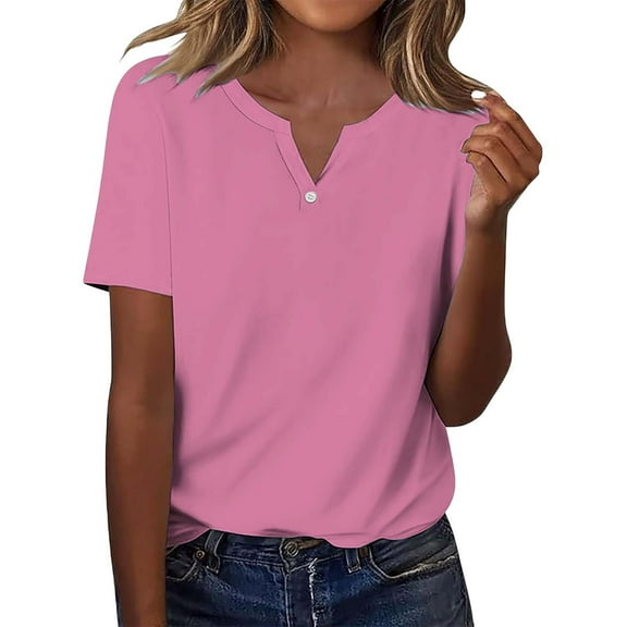 Bovemsi Women's Short Sleeved T Shirt V Neck Top Fashionable Casual Short Sleeved Shirt, Pink Women's Summer Short Sleeve T-Shirts, L
