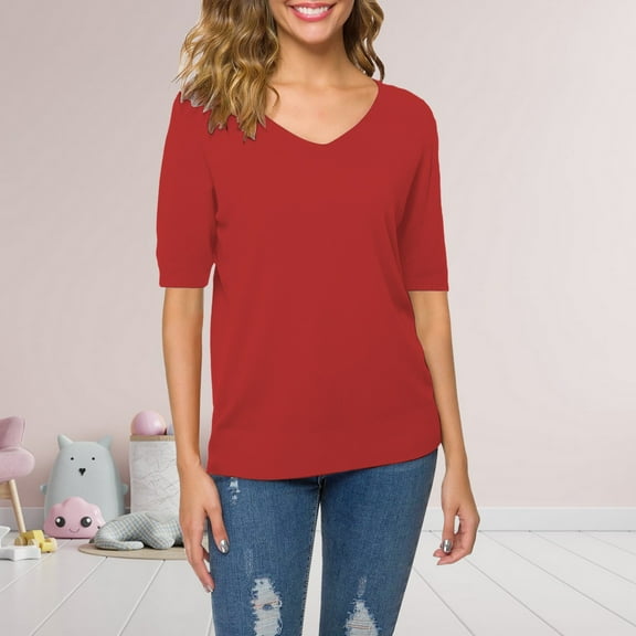 Bovemsi Women's Short Sleeves Sweaters V Neck Soft Pullover Top, Pink Women's Summer Short Sleeve T-Shirts, L