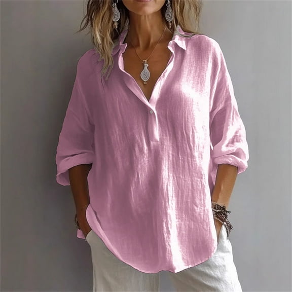 Bovemsi Women's Solid Color Cotton and Linen Casual Shirt Loose Long Sleeve Linen V Neck Shirt T Shirt, Pink Women's Summer Shirts, XXL