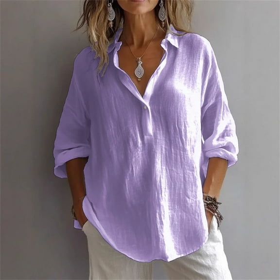 Bovemsi Women's Solid Color Cotton and Linen Casual Shirt Loose Long Sleeve Linen V Neck Shirt T Shirt, Purple Women's Summer Shirts, S