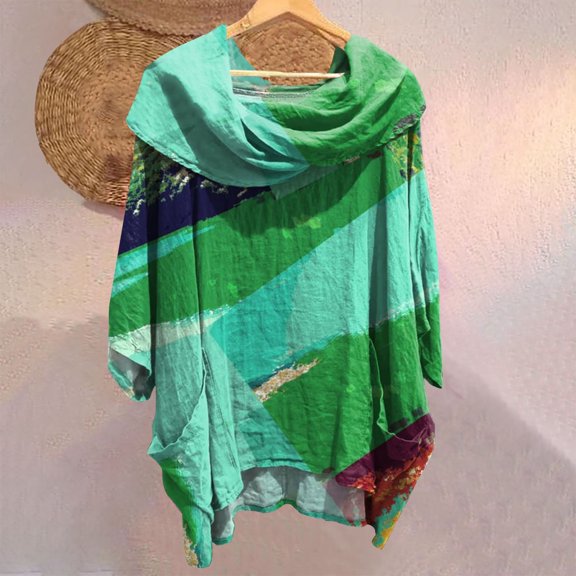 Bovemsi Women's Solid Color Draped Neck 3/4 Sleeve Linen Feel Top - Soft Polyester Blend with Functional Pockets - All-Season Casual Blouse, Black, One Size