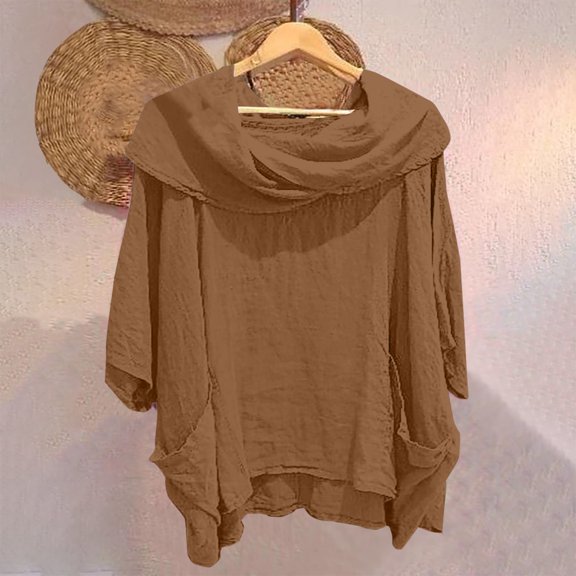 Bovemsi Women's Solid Color Draped Neck 3/4 Sleeve Linen Feel Top - Soft Polyester Blend with Functional Pockets - All-Season Casual Blouse, Brown, One Size
