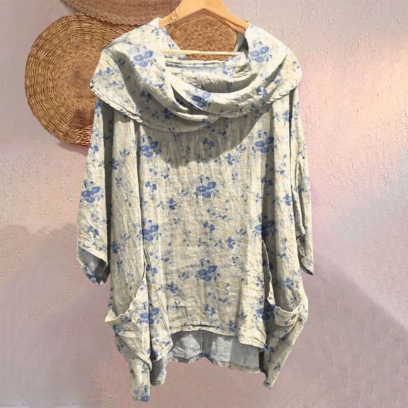 Bovemsi Women's Solid Color Draped Neck 3/4 Sleeve Linen Feel Top - Soft Polyester Blend with Functional Pockets - All-Season Casual Blouse, Khaki, One Size