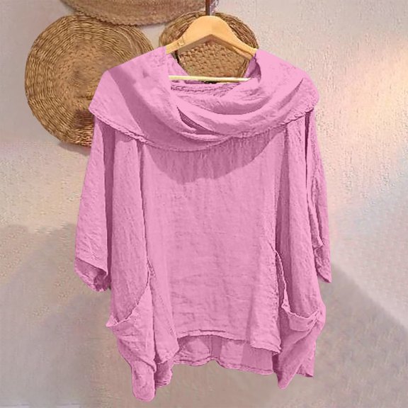 Bovemsi Women's Solid Color Draped Neck 3/4 Sleeve Linen Feel Top - Soft Polyester Blend with Functional Pockets - All-Season Casual Blouse, Pink, One Size