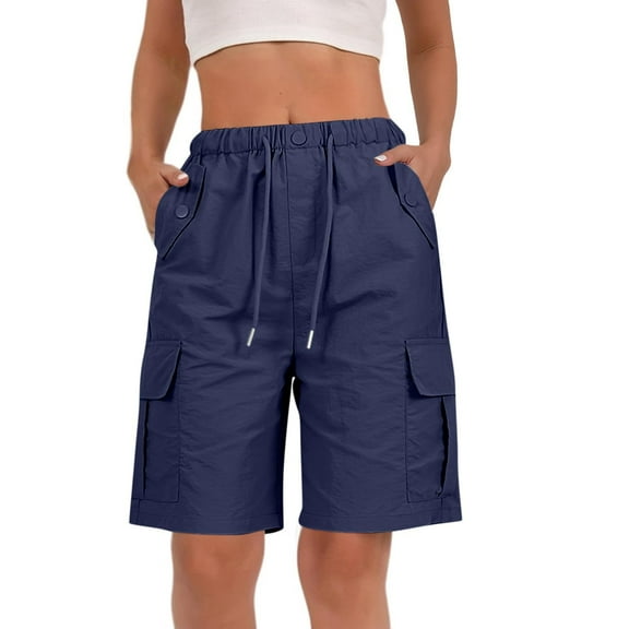 Bovemsi Women's Solid Color Multi-Pocket Workwear Shorts - High Elastic Waist Casual Utility Shorts, Blue, S