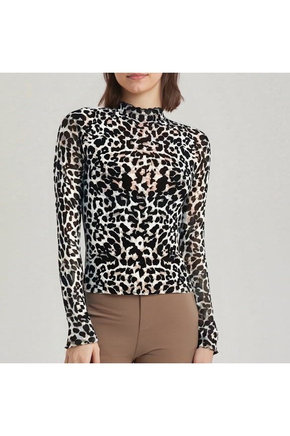 Women's Spring Leopard Print Sexy Tight Fitting Mesh with Black Edge Long Sleeved Base Shirt and Top, Gray Summer Women's Long Sleeve T-Shirts, XL