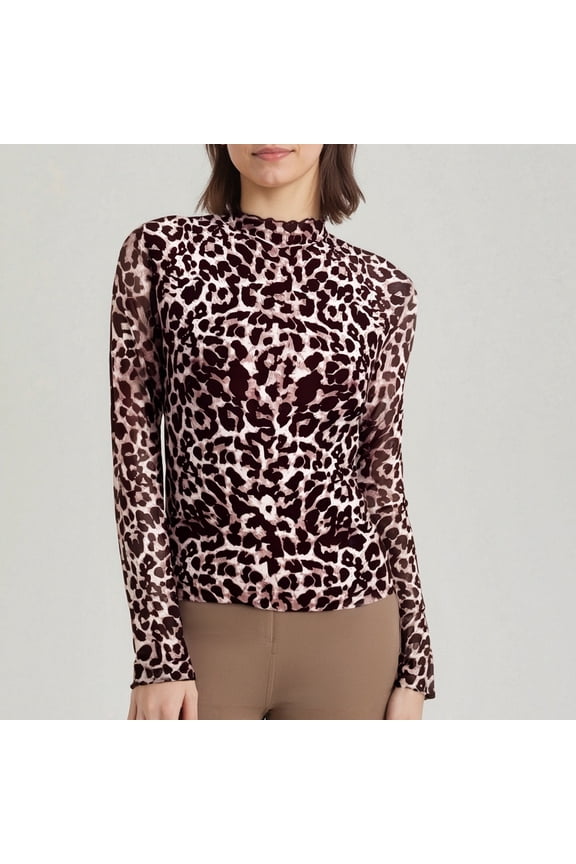Women's Spring Leopard Print Sexy Tight Fitting Mesh with Black Edge Long Sleeved Base Shirt and Top, Pink Summer Women's Long Sleeve T-Shirts, XXL