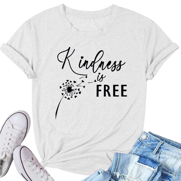 Bovemsi Women's Spring Round Neck Dandelion Printed Kindness Loose Casual Short Sleeved T Shirt, White Women's Summer Short Sleeve T-Shirts, L
