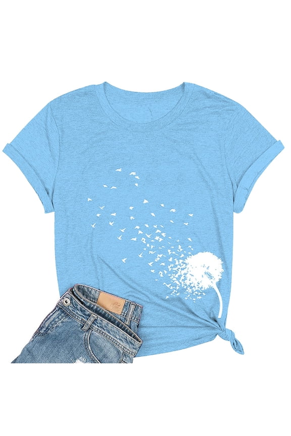 Women's Spring Round Neck Dandelion Printed Loose Casual Short Sleeved T Shirt, Blue Women's Summer Short Sleeve T-Shirts, XL