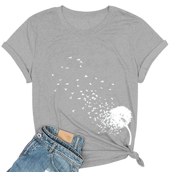 Bovemsi Women's Spring Round Neck Dandelion Printed Loose Casual Short Sleeved T Shirt, Gray Women's Summer Short Sleeve T-Shirts, S