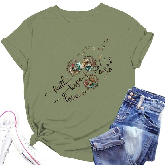 Bovemsi Women's Spring Round Neck Dandelion Printed Loose Casual Short Sleeved T Shirt, Green Women's Summer Short Sleeve T-Shirts, 3XL