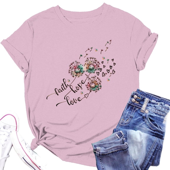 Bovemsi Women's Spring Round Neck Dandelion Printed Loose Casual Short Sleeved T Shirt, Pink Women's Summer Short Sleeve T-Shirts, 3XL