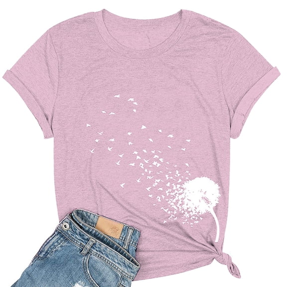 Bovemsi Women's Spring Round Neck Dandelion Printed Loose Casual Short Sleeved T Shirt, Pink Women's Summer Short Sleeve T-Shirts, M