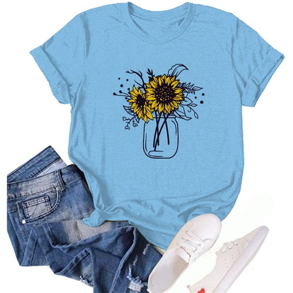 Bovemsi Women's Spring Round Neck Sunflower Printed Loose Casual Short Sleeved T Shirt, Blue Women's Summer Short Sleeve T-Shirts, L