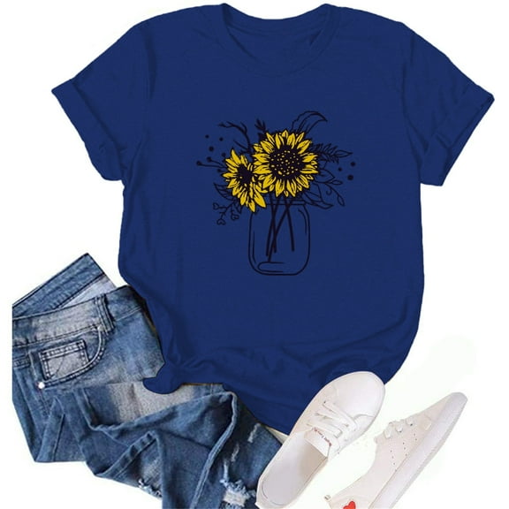 Bovemsi Women's Spring Round Neck Sunflower Printed Loose Casual Short Sleeved T Shirt, Blue Women's Summer Short Sleeve T-Shirts, XXL