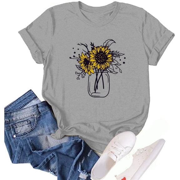 Bovemsi Women's Spring Round Neck Sunflower Printed Loose Casual Short Sleeved T Shirt, Gray Women's Summer Short Sleeve T-Shirts, M